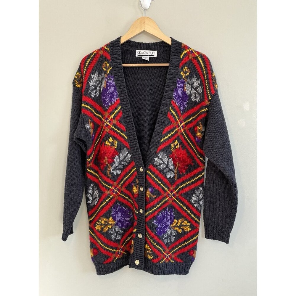 SK & Company Cardigan Vintage Floral Wool Blend Grandma Core Flower‎ Buttons